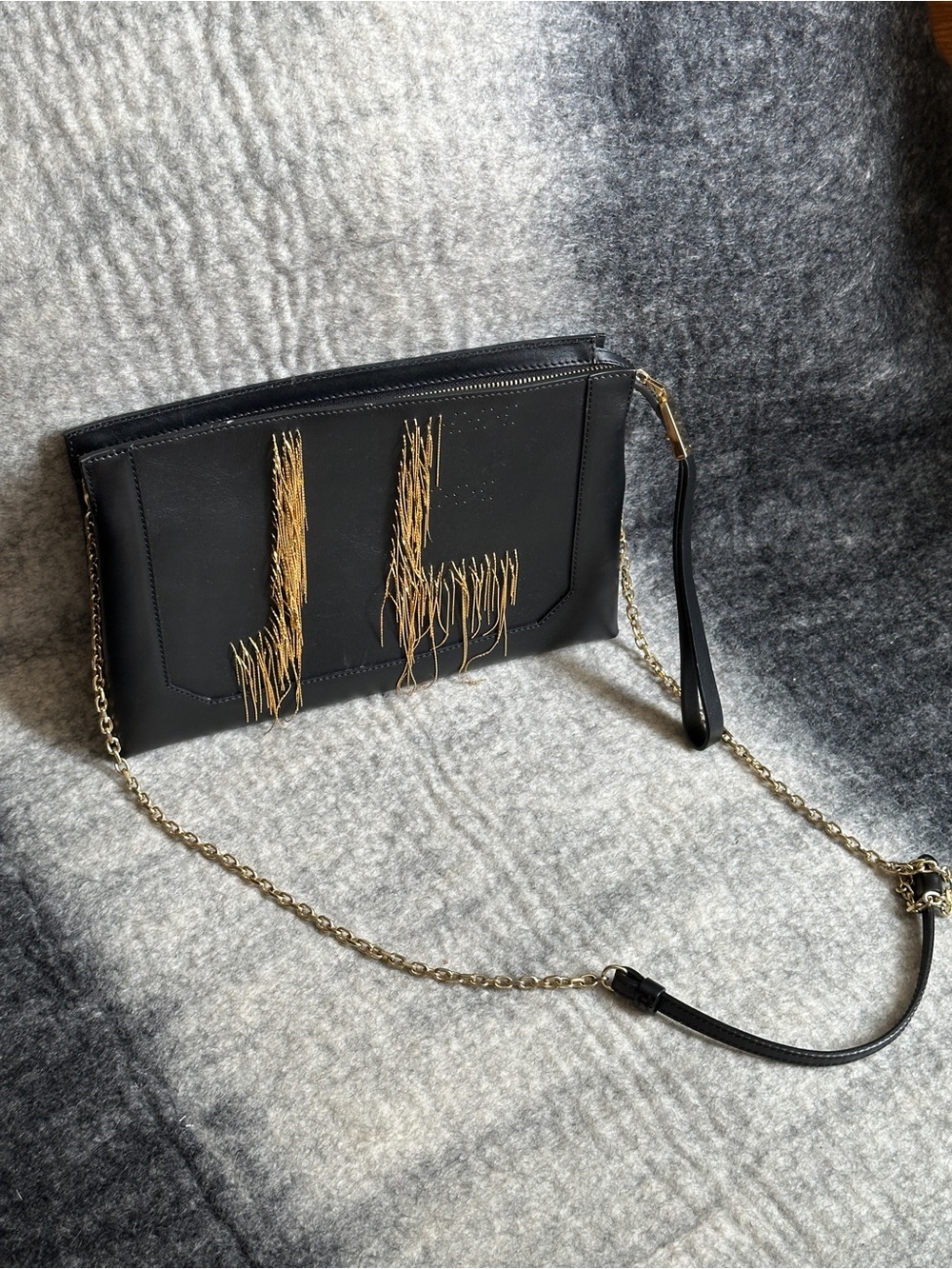Stuart Weitzman Black Leather Crossbody Clutch with Gold Fringe Deco - Pls Read